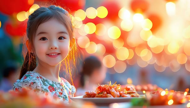 A girl smiles joyfully while enjoying festive meal during Chinese New Year celebrations, surrounded by vibrant decorations and lights