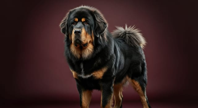 A striking tibetan mastiff with a thick black and tan coat stands confidently against a rich burgundy backdrop. the dog's attentive gaze and poised stance highlight its strength and elegance.