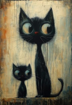 Illustration of black cats sitting on an abstract background. Selective focus.