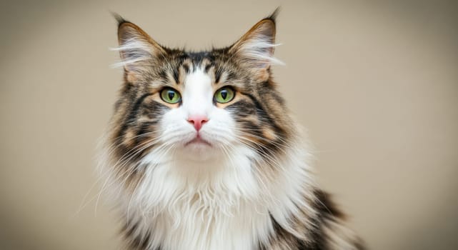 Maine coon cat portrait featuring striking green eyes and long, luxurious fur. the close-up highlights the breed's characteristic large, tufted ears and expressive gaze, set against a neutral background.