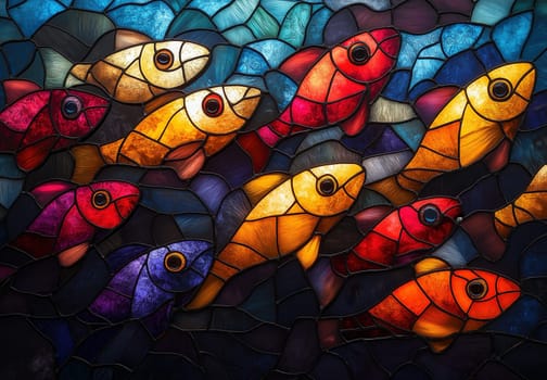 School of colorful fish on mosaic background. Selective focus.
