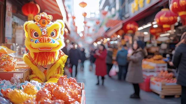 A vibrant lion dance performance in bustling market during Chinese New Year, filled with festive decorations and lively crowds