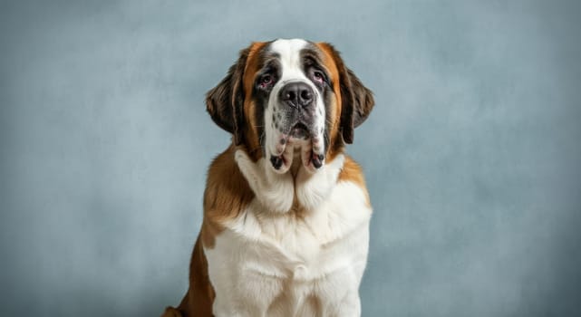 Saint bernard dog sits attentively against a soft blue backdrop, capturing its gentle expression and distinctive markings. the image highlights the breed's calm demeanor and iconic appearance, suitable for animal-focused projects.