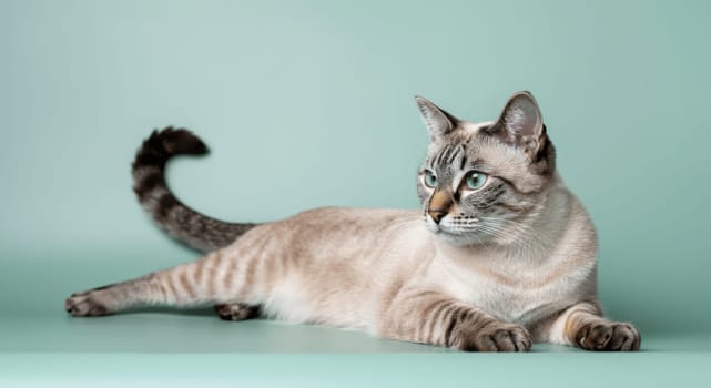A graceful siamese cat with striking blue eyes, lounging on a mint green surface. the sleek feline’s expressive gaze and distinctive markings highlight its beauty and elegance in a serene setting.