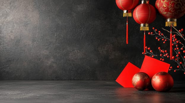 A Vibrant red lanterns and envelopes create festive atmosphere for celebrations. rich colors and textures evoke joy and tradition