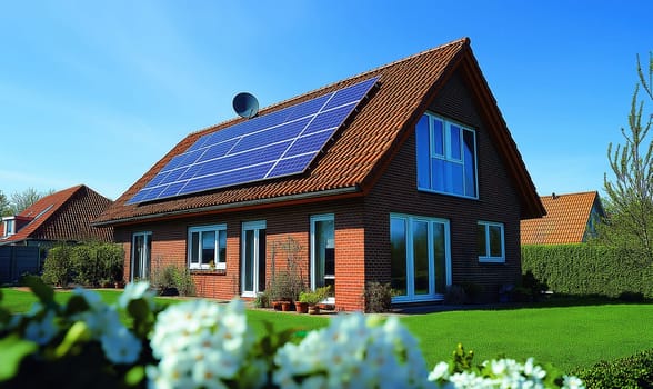 The roof of the residential building is equipped with solar panels. Selective focus.