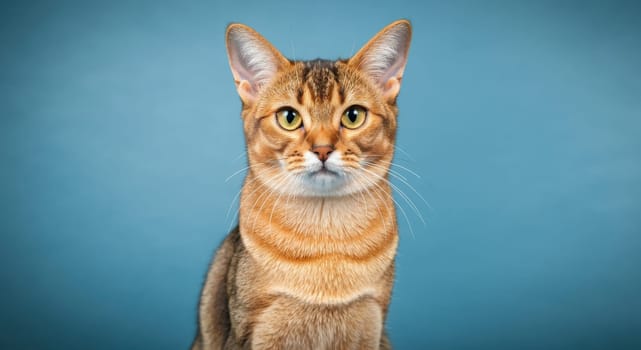 Abyssinian cat with a striking coat of warm tones and expressive eyes gazes intently at the camera. the blue background highlights its unique fur patterns and elegant, attentive posture.