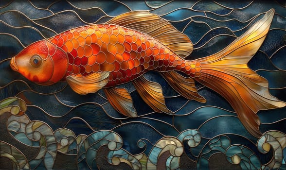 Colorful fish with stained glass pattern on mosaic background. Selective focus.