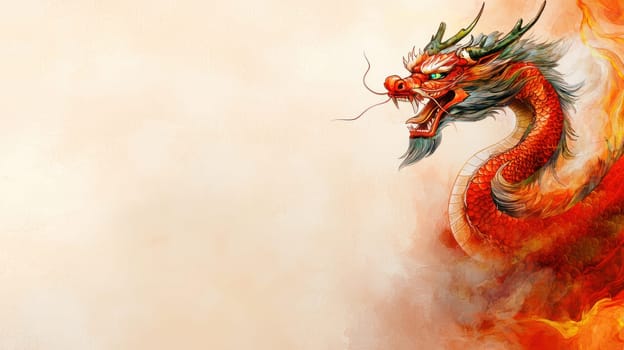 A vibrant Chinese dragon symbolizing strength and power, surrounded by flames