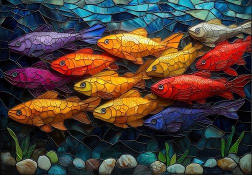 School of colorful fish on mosaic background. Selective focus.