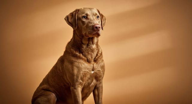 Chocolate labrador retriever sits attentively against a rich brown backdrop, showcasing its expressive eyes and glossy coat. the warm background complements the dog's features, creating a harmonious and serene composition.