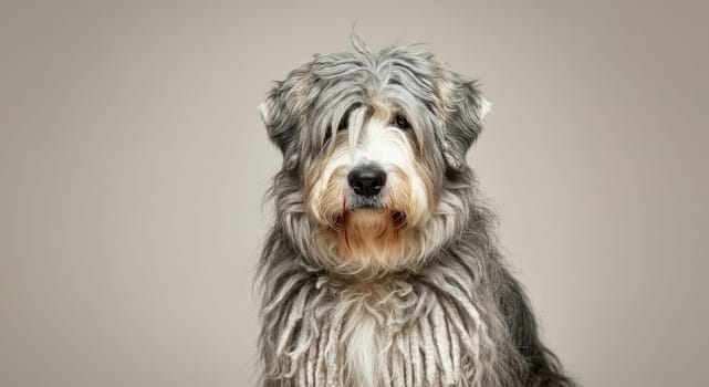 A distinguished old english sheepdog with a thick, fluffy coat and soulful eyes sits in front of a neutral gray backdrop. the dog's gentle demeanor and distinctive fur make it a charming companion and a perfect subject for pet enthusiasts.
