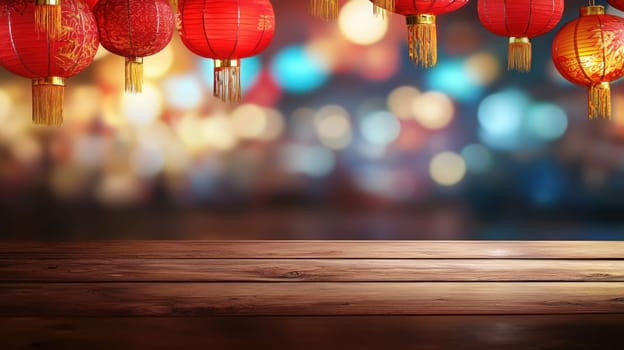 A Vibrant red lanterns hang against blurred night background, creating festive atmosphere