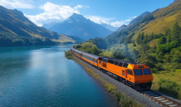 Train travel through the mountains next to a lake. Selective focus.