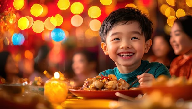 A joyful child enjoying festive meal during vibrant celebration, surrounded by colorful decorations and warm lights