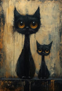 Illustration of black cats sitting on an abstract background. Selective focus.