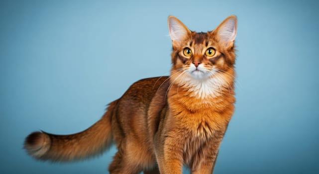 Somali cat with vibrant fur and bushy tail poses gracefully against a blue backdrop, showcasing its distinct features and expressive eyes. ideal for feline enthusiasts and pet-related designs.