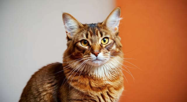 A maine coon cat sits attentively against a soft two-toned background of white and orange. its expressive, tufted ears and striking amber eyes highlight its majestic and captivating presence.