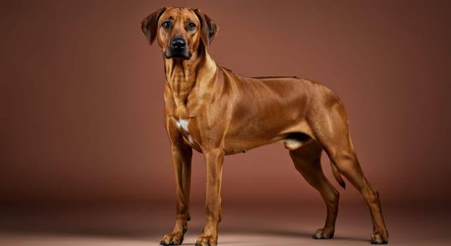 Rhodesian ridgeback stands tall on a warm brown studio backdrop, its sleek coat and strong structure. the dog's attentive posture and gaze showcase its intelligence and dignity.