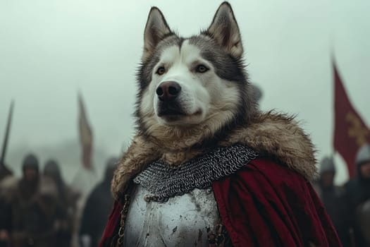 A proud dog dressed in elaborate knight costume stands confidently, showcasing its regal appearance amidst medieval backdrop