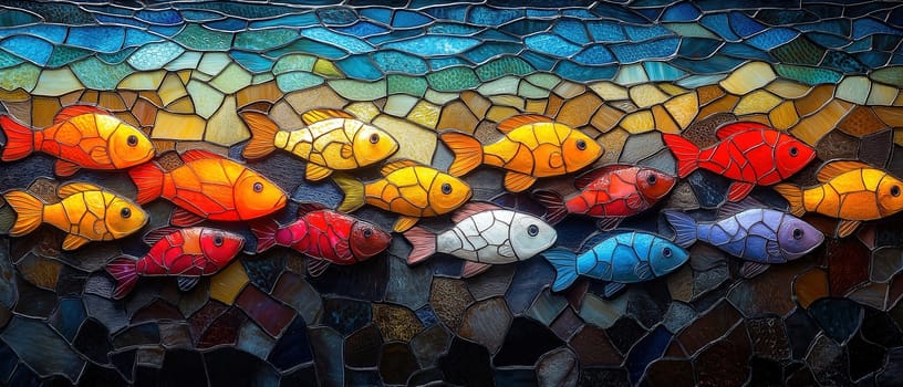School of colorful fish on mosaic background. Selective focus.