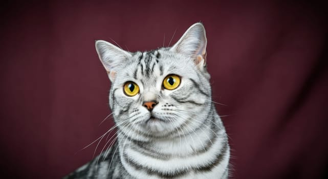 Silver tabby cat with intense yellow eyes against a rich maroon background. the close-up highlights the feline's distinct striped pattern and sharp gaze, perfect for pet lovers and animal-inspired designs.