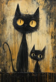Illustration of black cats sitting on an abstract background. Selective focus.