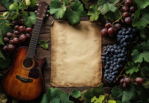Guitar with parchment on table with grapes and green leaves. Selective focus.