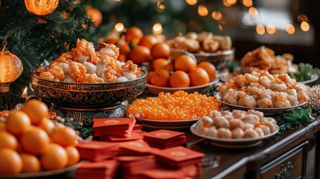 A festive table filled with traditional foods, oranges, and treats, creating warm and joyful atmosphere