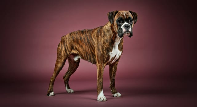 Brindle boxer stands gracefully against a rich maroon backdrop, its muscular build and expressive eyes. ideal for pet-themed designs and illustrations, the image exudes strength, loyalty, and elegance.