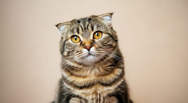 A close-up portrait of a scottish fold cat, showcasing its distinctive folded ears and vibrant amber eyes. the subtle background enhances the cat's striking features, its unique and captivating appearance.