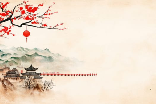 A serene landscape featuring traditional architecture, cherry blossoms, and mountains, evoking tranquility and cultural beauty