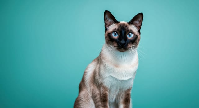 Siamese cat with vivid blue eyes sits in front of a teal background. known for their sleek fur and pointed ear markings, siamese cats are celebrated for their elegance and expressive appearance.