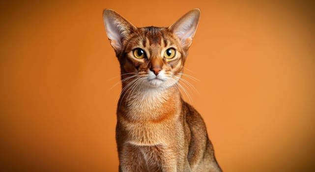 Abyssinian cat with a sleek coat and attentive expression on an orange background. the image highlights the breed's elegance, showcasing its keen eyes and alert ears, ideal for themes of grace and feline beauty.