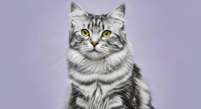 A silver tabby cat with captivating yellow eyes sits against a soft pastel background. the feline's striped fur and alert expression convey elegance and poise, showcasing the beauty and charm of domestic cats.