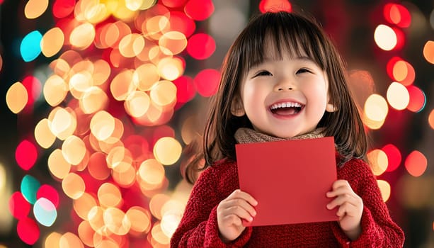 A Child smiling brightly while holding red envelope, festive lights in background, joyful expression, holiday spirit