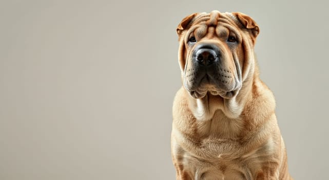 Portrait of a shar pei dog showcasing its distinctive wrinkled skin and attentive expression. the light grey background highlights the dog's fawn-colored coat, emphasizing its unique features and calm demeanor.