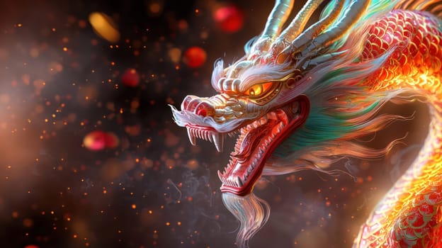 A vibrant dragon head with intricate details and fiery expression, surrounded by mystical atmosphere