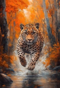 Watercolor, a leopard running through an autumn forest. Selective focus.