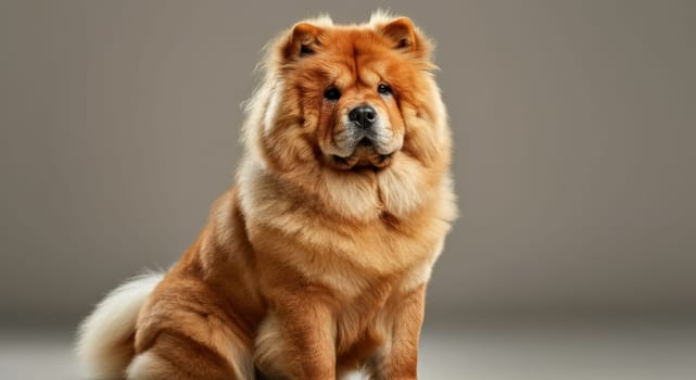 Chow chow dog with rich, fluffy fur and a majestic appearance, features reminiscent of a lion, showcasing its noble and serene demeanor against a neutral backdrop. ideal for pet enthusiasts and breed admirers.