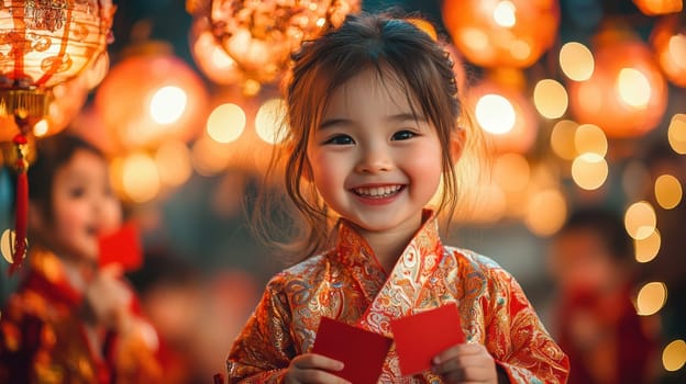 A Smiling girl in traditional Chinese attire, surrounded by lanterns and festive lights, radiating joy and celebration