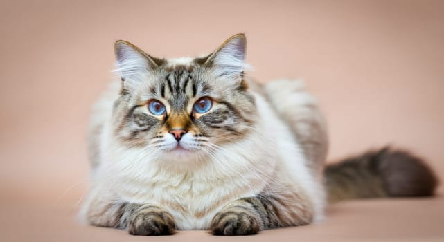 A ragdoll cat with striking blue eyes lies against a soft pastel backdrop, showcasing its fluffy fur and distinctive markings. ideal for pet enthusiasts and natural beauty themes.