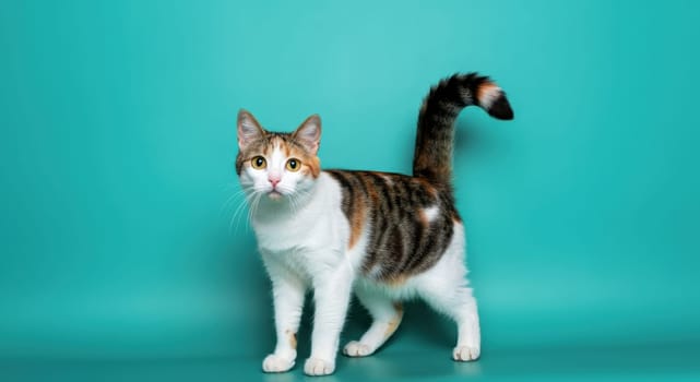 Calico cat with distinct white, orange, and black fur stands against a vivid turquoise backdrop. the feline's attentive expression and poised stance create a lively and intriguing composition for animal enthusiasts.
