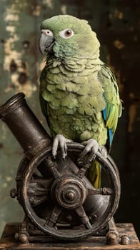 A vibrant green parrot perched on antique cannon, showcasing its colorful feathers and unique charm