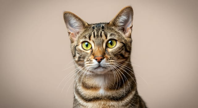 Bengal cat with mesmerizing green eyes and distinctive striped fur. the detailed close-up highlights the breed's unique features, showcasing the feline's alert expression and elegant whiskers. perfect for pet-themed designs.