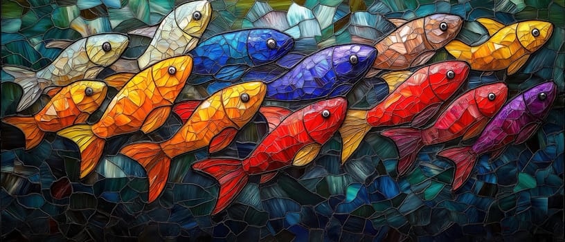 School of colorful fish on mosaic background. Selective focus.