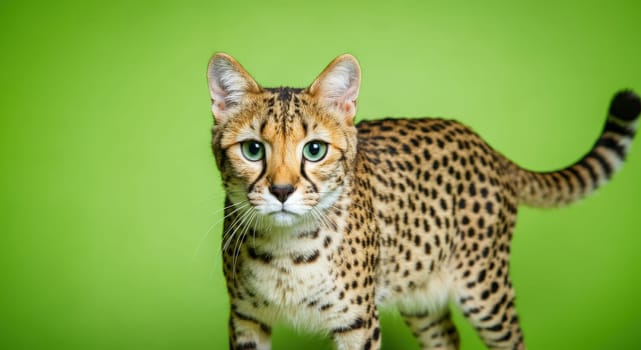 African serval cat with striking green eyes and distinctive spotted coat stands against a vibrant green backdrop, its elegant and exotic appearance. ideal for nature, wildlife, and animal-themed designs.