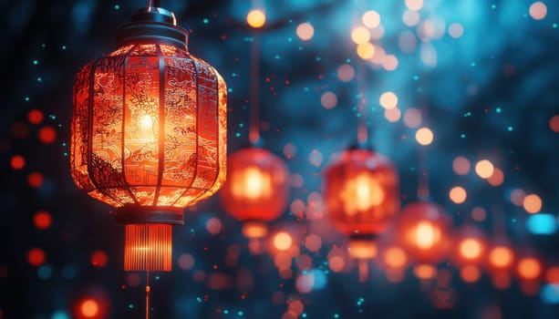A vibrant close up of traditional red Chinese lanterns glowing warmly, creating festive atmosphere with bokeh lights