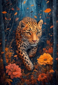 Watercolor, a leopard running through an autumn forest. Selective focus.
