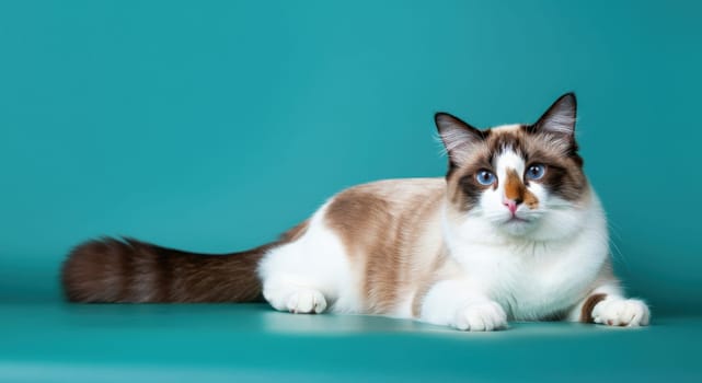 Ragdoll cat with striking blue eyes and a luxurious coat lying on a vibrant turquoise backdrop. the scene highlights the breed's distinctive markings and relaxed demeanor, ideal for pet-related designs and content.